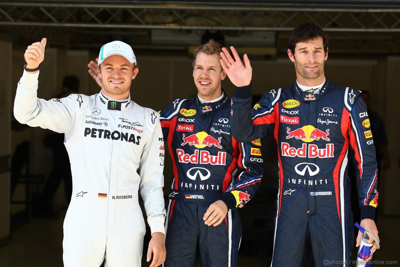 GP TURCHIA, 07.05.2011- Qualifiche, Sebastian Vettel (GER), Red Bull Racing, RB7 pole position, Mark Webber (AUS), Red Bull Racing, RB7 secondo e Nico Rosberg (GER), Mercedes GP Petronas F1 Team, MGP W02 terzo 