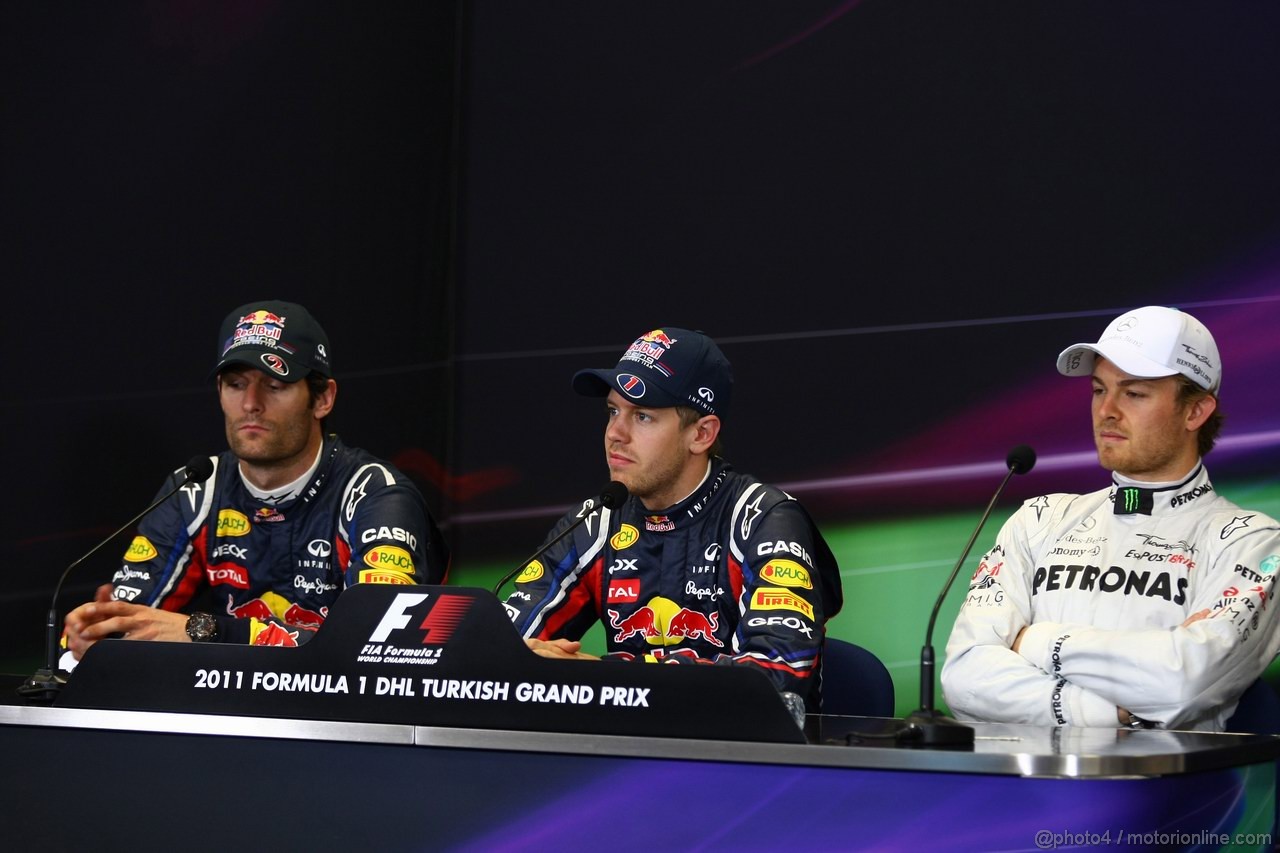 GP TURCHIA, 07.05.2011- Qualifiche, Conferenza Stampa, Sebastian Vettel (GER), Red Bull Racing, RB7 pole position, Mark Webber (AUS), Red Bull Racing, RB7 secondo e Nico Rosberg (GER), Mercedes GP Petronas F1 Team, MGP W02 terzo 