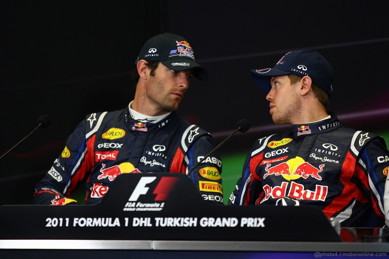 GP TURCHIA, 07.05.2011- Qualifiche, Conferenza Stampa, Mark Webber (AUS), Red Bull Racing, RB7 secondo e Sebastian Vettel (GER), Red Bull Racing, RB7 pole position 
