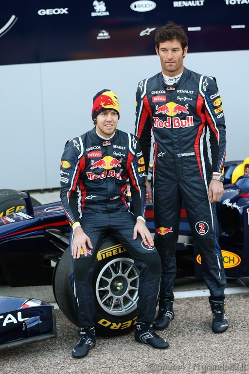 Red Bull RB7, 01.02.2011 Valencia, Spain, 
Sebastian Vettel (GER), Red Bull Racing e Mark Webber (AUS), Red Bull Racing - Red Bull Racing RB7 Launch - Formula 1 World Championship 