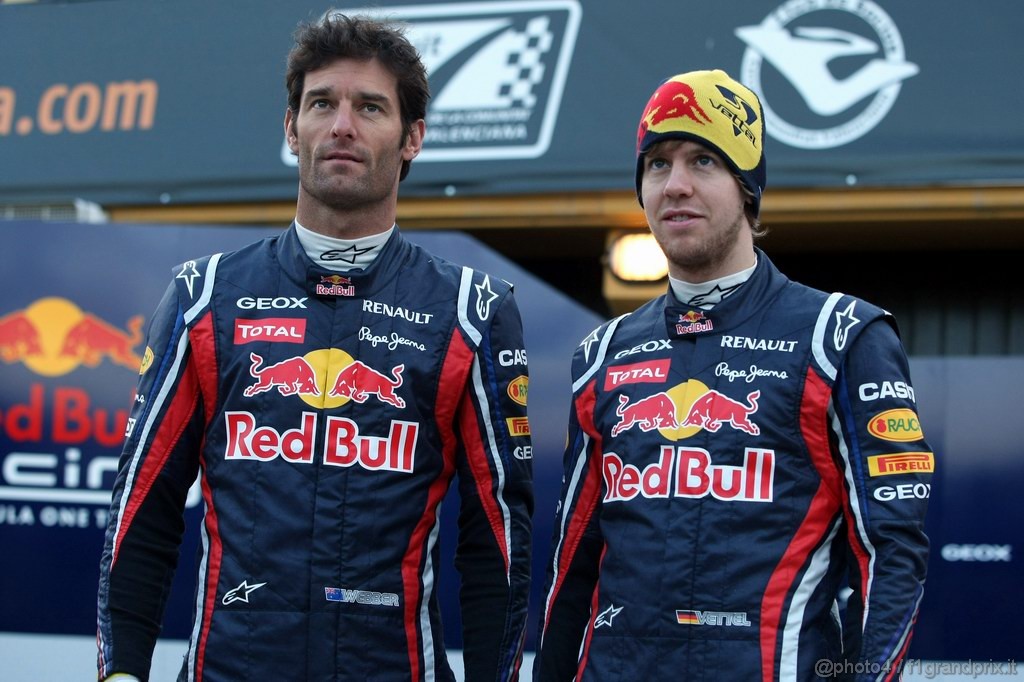 Red Bull RB7, 
Mark Webber (AUS), Red Bull Racing e Sebastian Vettel (GER), Red Bull Racing - Red Bull Racing RB7 Launch - Formula 1 World Championship 