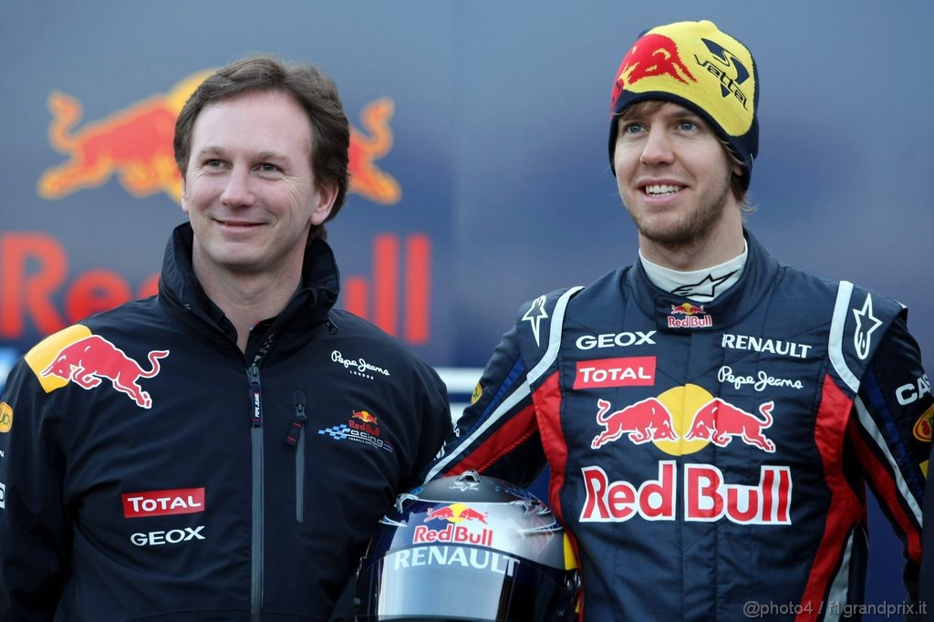 Red Bull RB7, 
Christian Horner (GBR), Red Bull Racing, Sporting Director e Sebastian Vettel (GER), Red Bull Racing - Red Bull Racing RB7 Launch - Formula 1 World Championship 