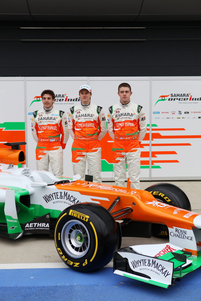 ForceIndia VJM05, Jules Bianchi (FRA) with Nico Hulkenberg (GER) e Paul di Resta (GBR) -  Sahara Force India Formula One Team - VJM05 Launch - Silverstone, UK, 03.02.2012 -  Sahara Force India Formula One Team Copyright Free Image