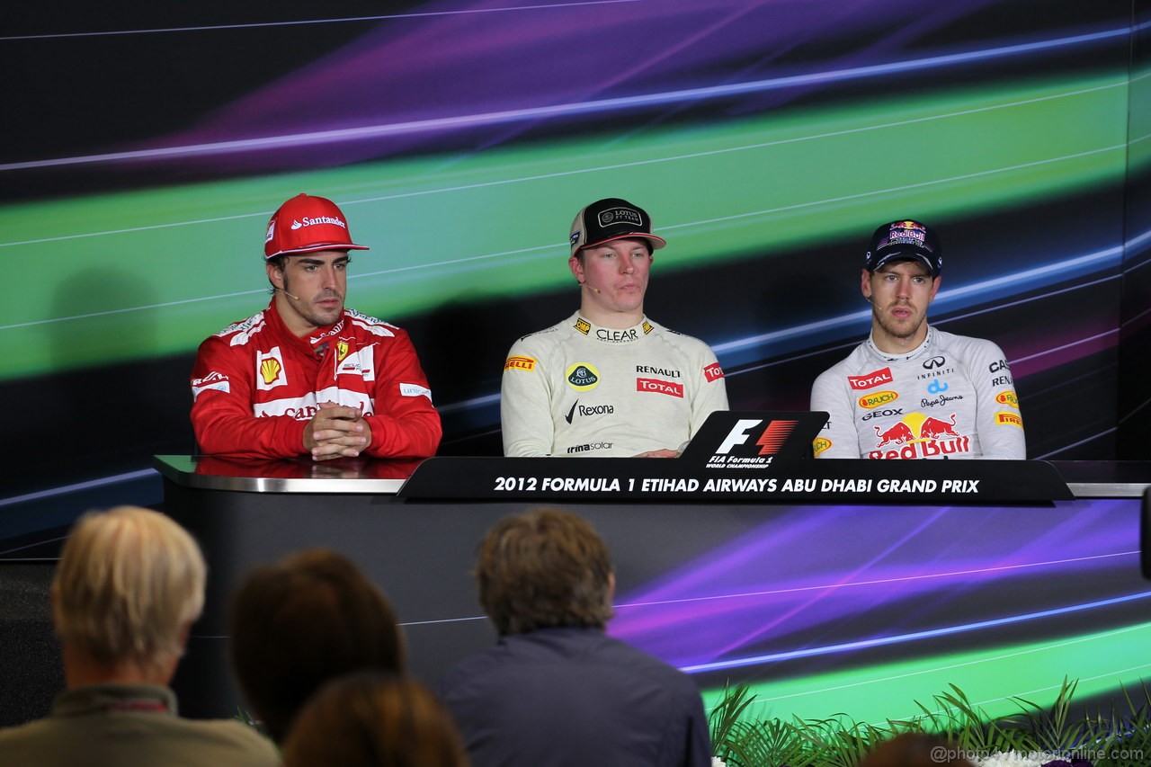 GP ABU DHABI, Conferenza Stampa: Kimi Raikkonen (FIN) Lotus F1 Team E20 (vincitore), Fernando Alonso (ESP) Ferrari F2012 (secondo) e Sebastian Vettel (GER) Red Bull Racing RB8 (terzo)