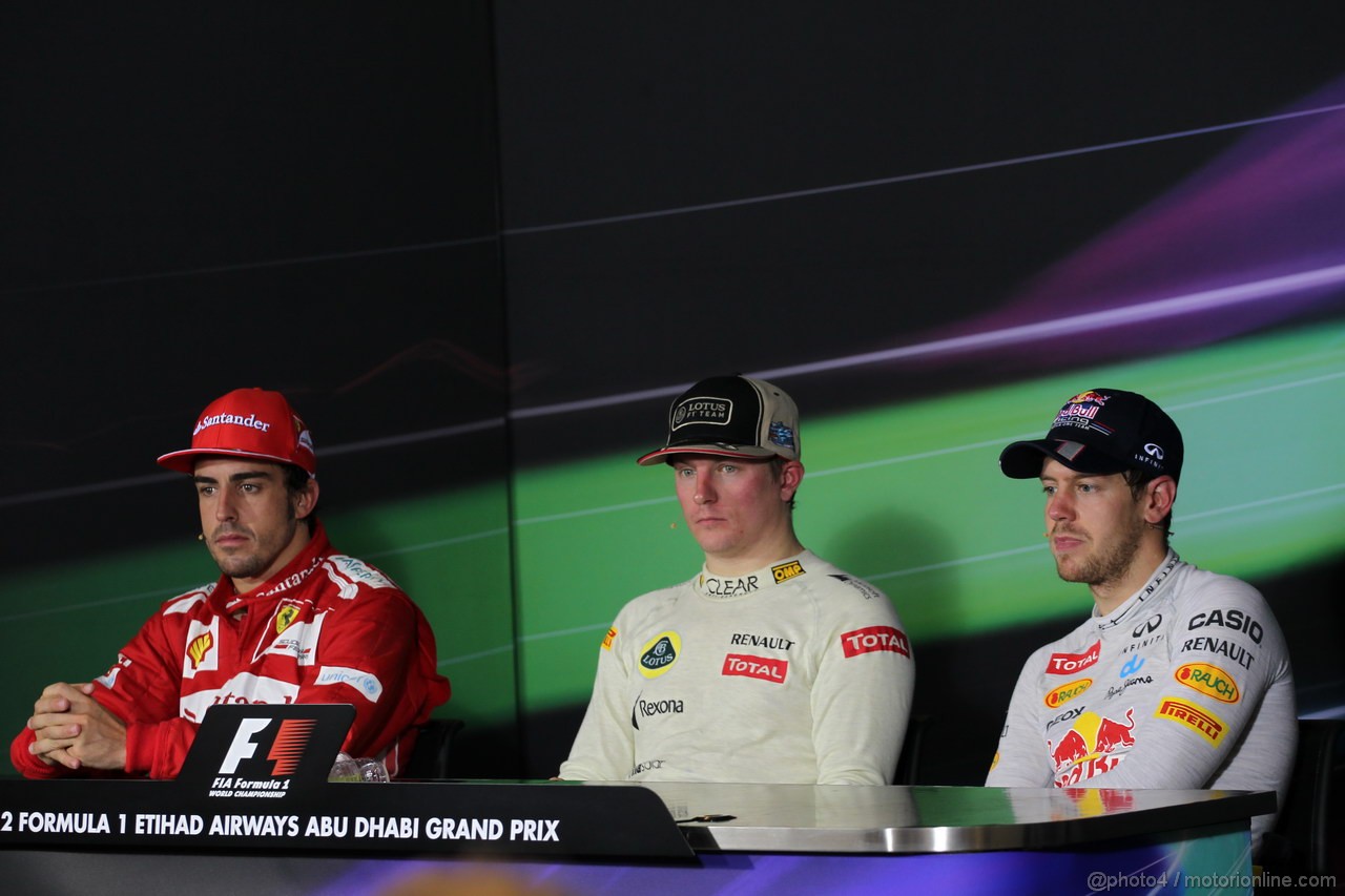 GP ABU DHABI, Conferenza Stampa: Kimi Raikkonen (FIN) Lotus F1 Team E20 (vincitore), Fernando Alonso (ESP) Ferrari F2012 (secondo) e Sebastian Vettel (GER) Red Bull Racing RB8 (terzo)
