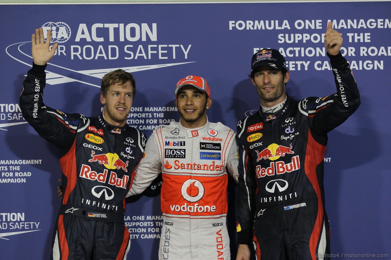GP ABU DHABI, Qualifiche: Lewis Hamilton (GBR) McLaren Mercedes MP4-27 (pole position), Mark Webber (AUS) Red Bull Racing RB8 (secondo) e Sebastian Vettel (GER) Red Bull Racing RB8 (terzo)