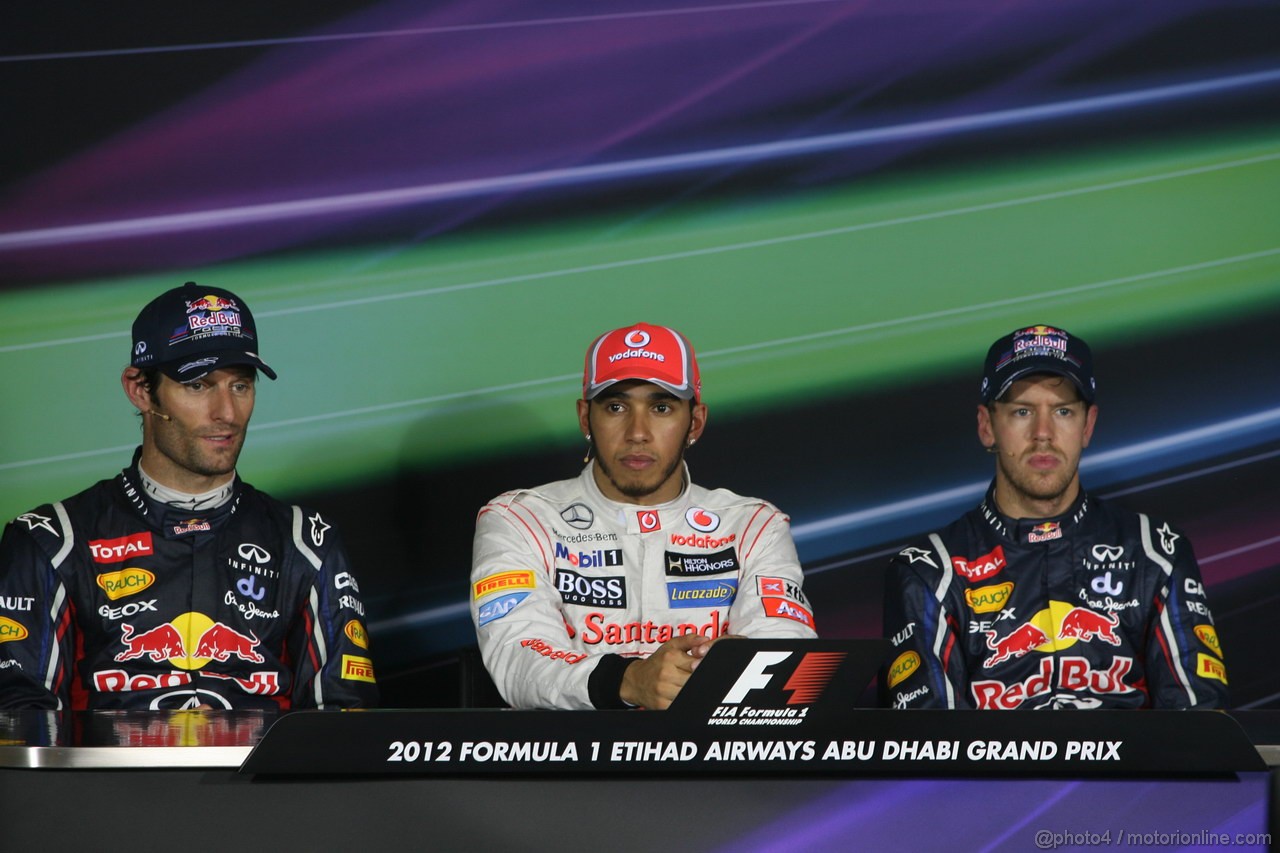 GP ABU DHABI, Qualifiche: Lewis Hamilton (GBR) McLaren Mercedes MP4-27 (pole position), Mark Webber (AUS) Red Bull Racing RB8 (secondo) e Sebastian Vettel (GER) Red Bull Racing RB8 (terzo)