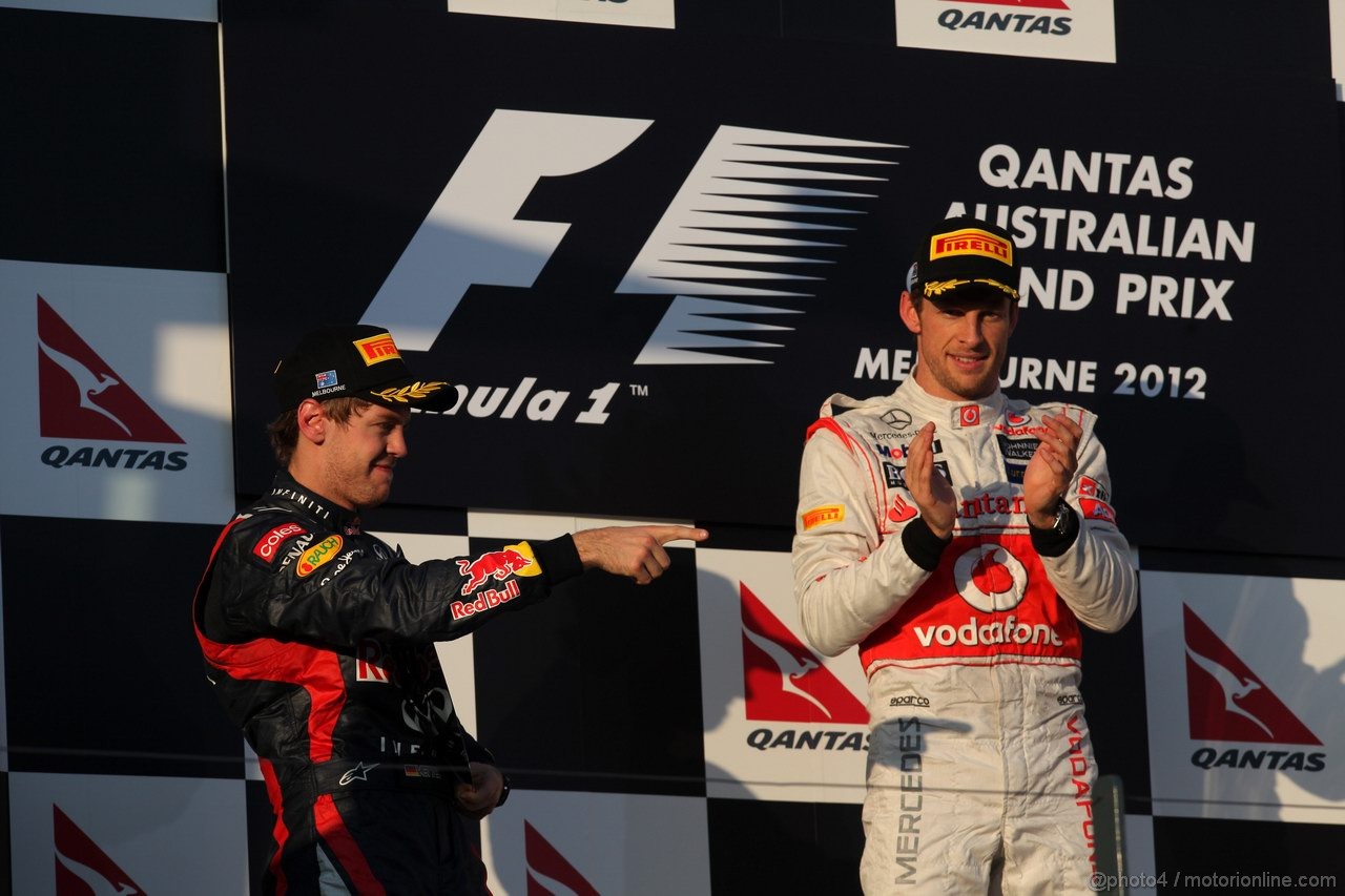 GP AUSTRALIA, Podium – 1st Jenson Button (GBR) McLaren Mercedes, 2nd Sebastian Vettel (GER) Red Bull Racing & 3rd Lewis Hamilton (GBR) McLaren Mercedes