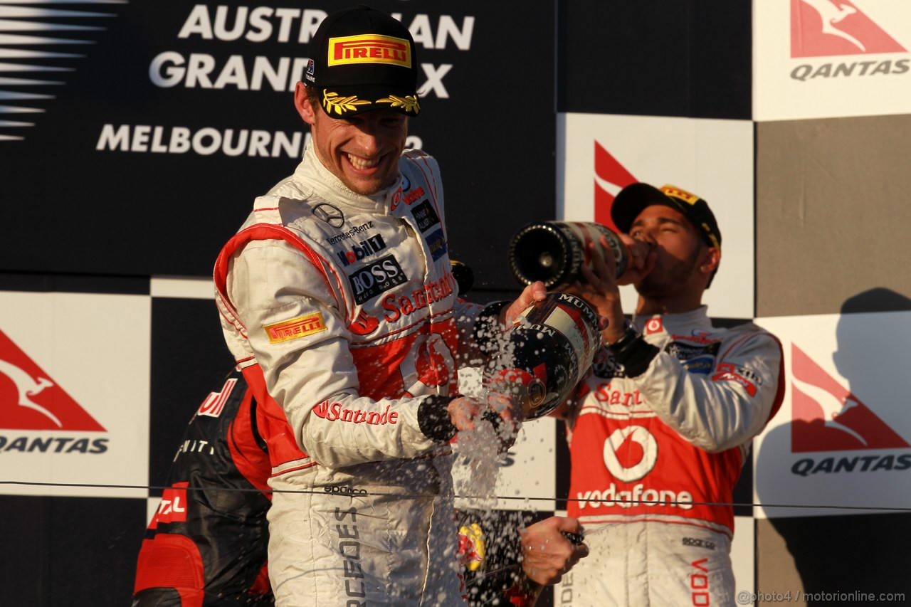 GP AUSTRALIA, Podium – 1st Jenson Button (GBR) McLaren Mercedes, 2nd Sebastian Vettel (GER) Red Bull Racing & 3rd Lewis Hamilton (GBR) McLaren Mercedes