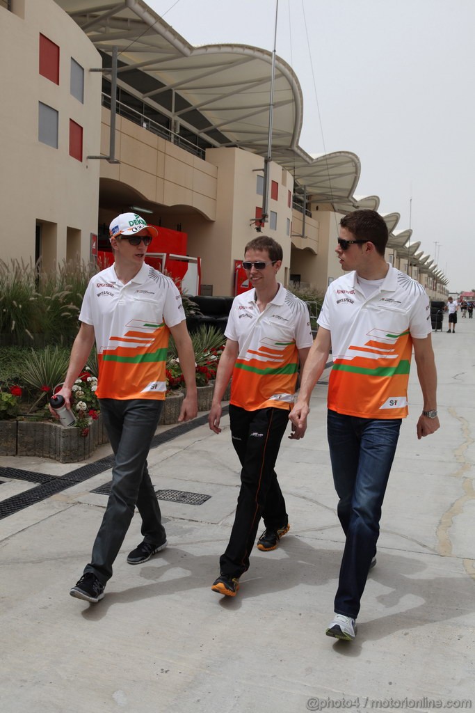 GP BAHRAIN, 22.04.2012- Nico Hulkenberg (GER) Sahara Force India F1 Team VJM05 e Paul di Resta (GBR) Sahara Force India F1 Team VJM05 