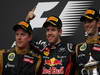 GP BAHRAIN, 22.04.2012- Gara, Sebastian Vettel (GER) Red Bull Racing RB8 vincitore, Kimi Raikkonen (FIN) Lotus F1 Team E20 secondo e Romain Grosjean (FRA) Lotus F1 Team E20 terzo 