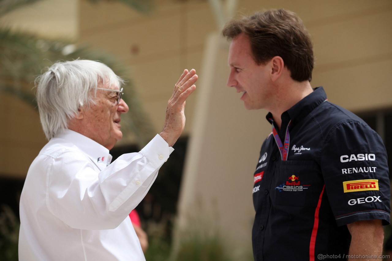 GP BAHRAIN, 21.04.2012- Bernie Ecclestone (GBR), President e CEO of Formula One Management e Christian Horner (GBR), Red Bull Racing, Sporting Director 