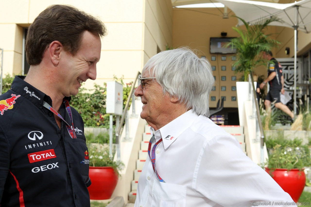 GP BAHRAIN, 20.04.2012- Christian Horner (GBR), Red Bull Racing, Sporting Director e Bernie Ecclestone (GBR), President e CEO of Formula One Management