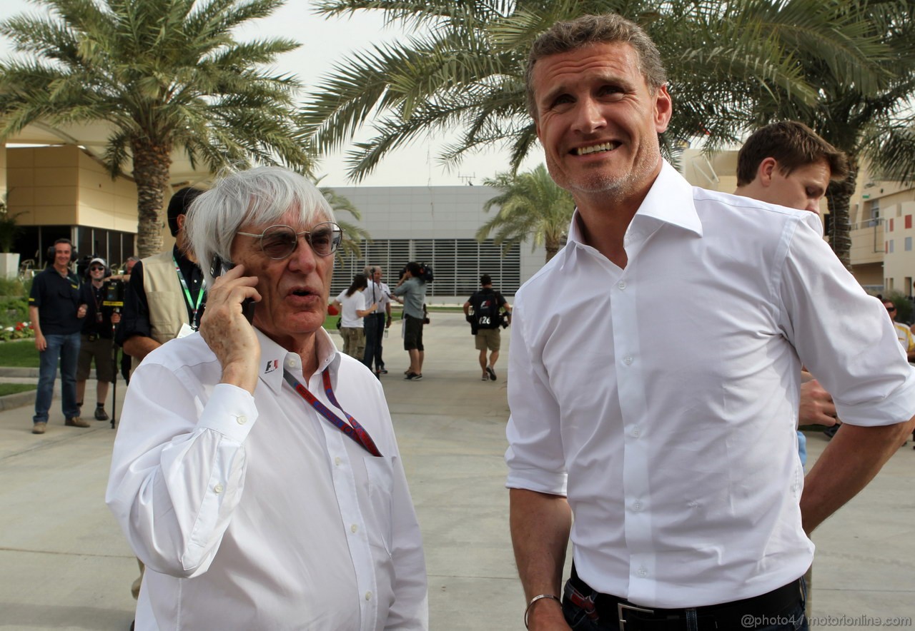 GP BAHRAIN, 20.04.2012- Bernie Ecclestone (GBR), President e CEO of Formula One Management  e David Coulthard (GBR) 