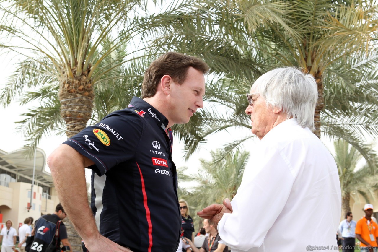 GP BAHRAIN, 20.04.2012- Christian Horner (GBR), Red Bull Racing, Sporting Director e Bernie Ecclestone (GBR), President e CEO of Formula One Management  