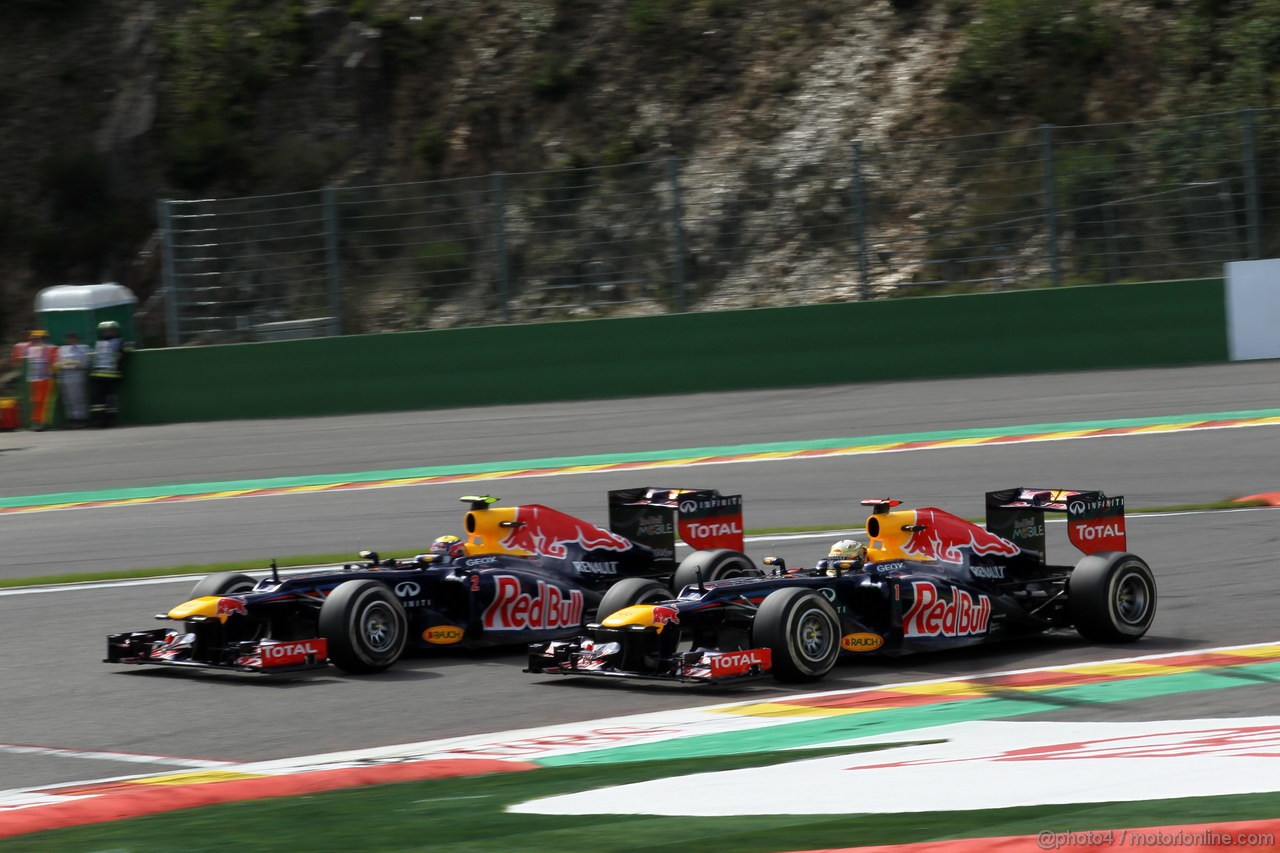 GP BELGIO, 02.09.2012- Gara, Mark Webber (AUS) Red Bull Racing RB8 e Sebastian Vettel (GER) Red Bull Racing RB8