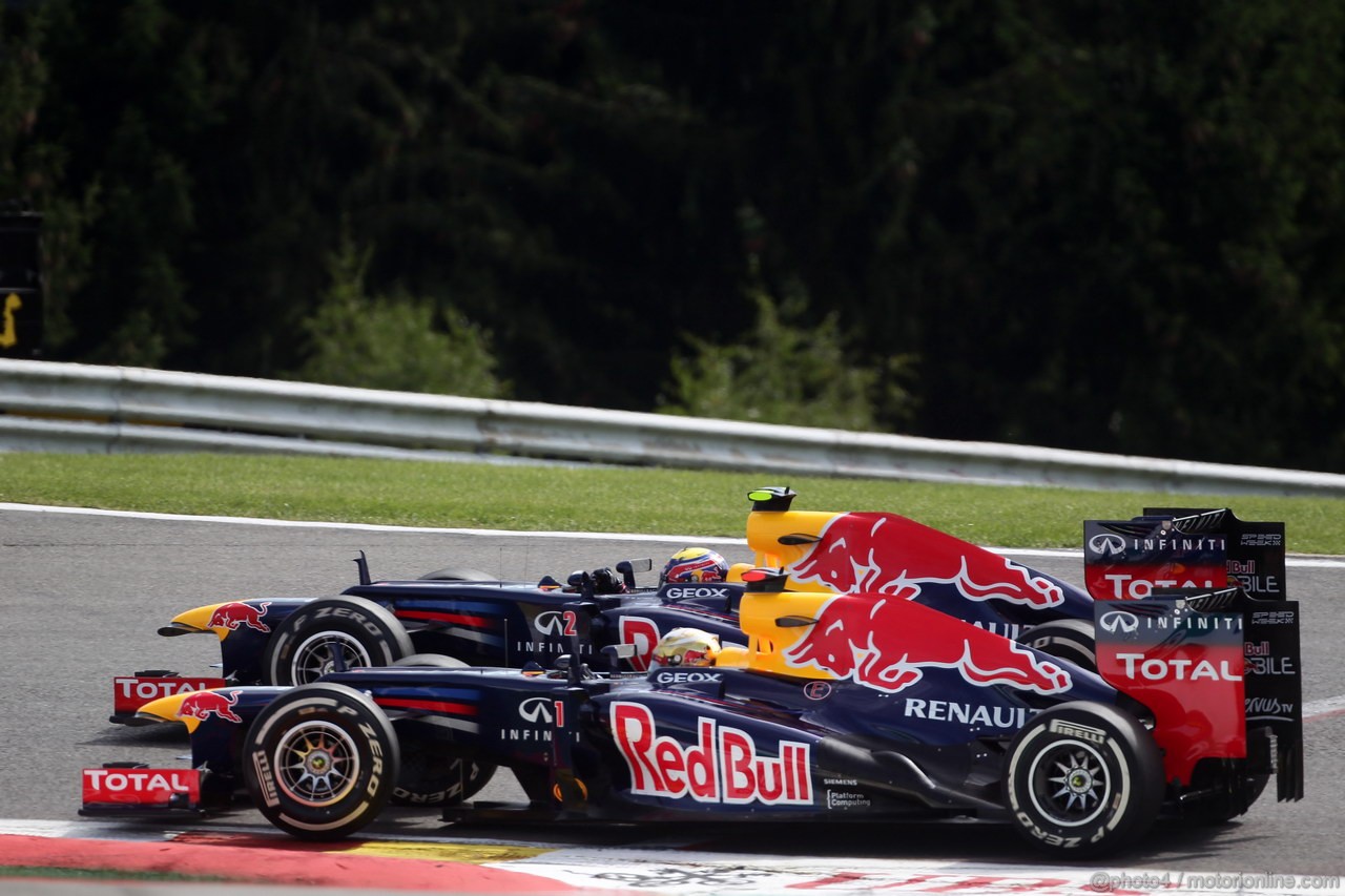 GP BELGIO, 02.09.2012- Gara, Sebastian Vettel (GER) Red Bull Racing RB8 e Mark Webber (AUS) Red Bull Racing RB8 