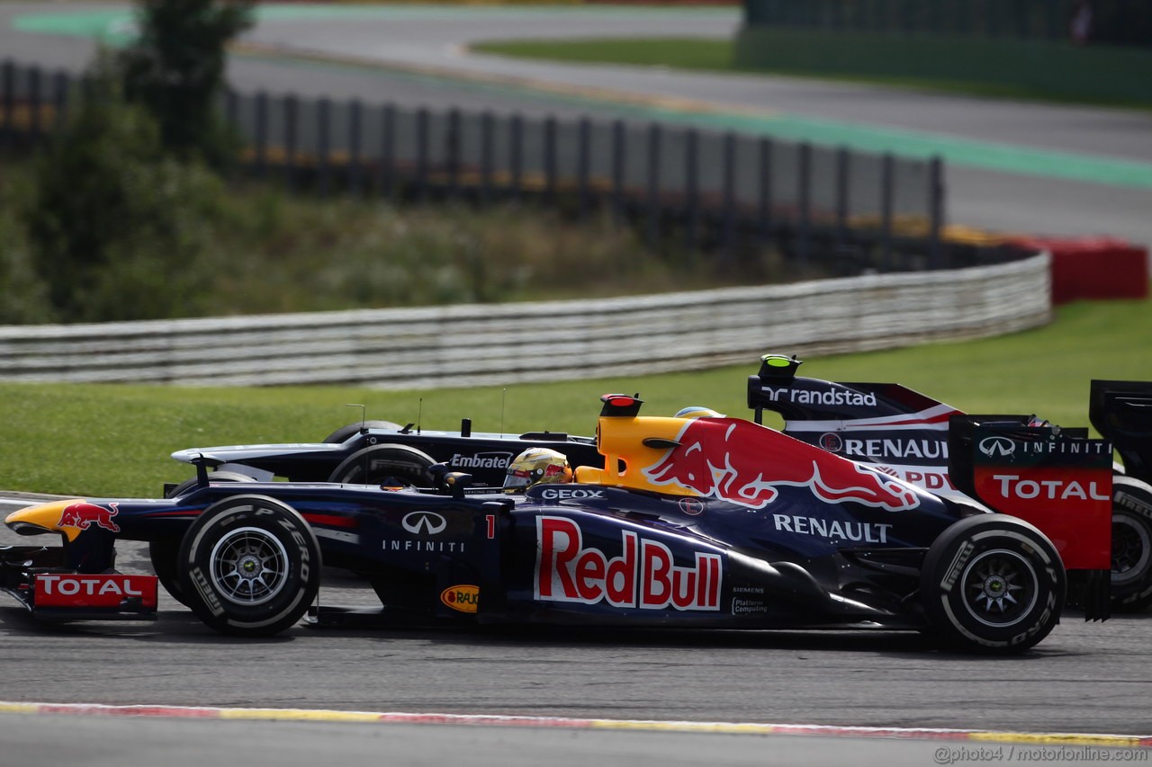 GP BELGIO, 02.09.2012- Gara, Sebastian Vettel (GER) Red Bull Racing RB8 e Mark Webber (AUS) Red Bull Racing RB8
