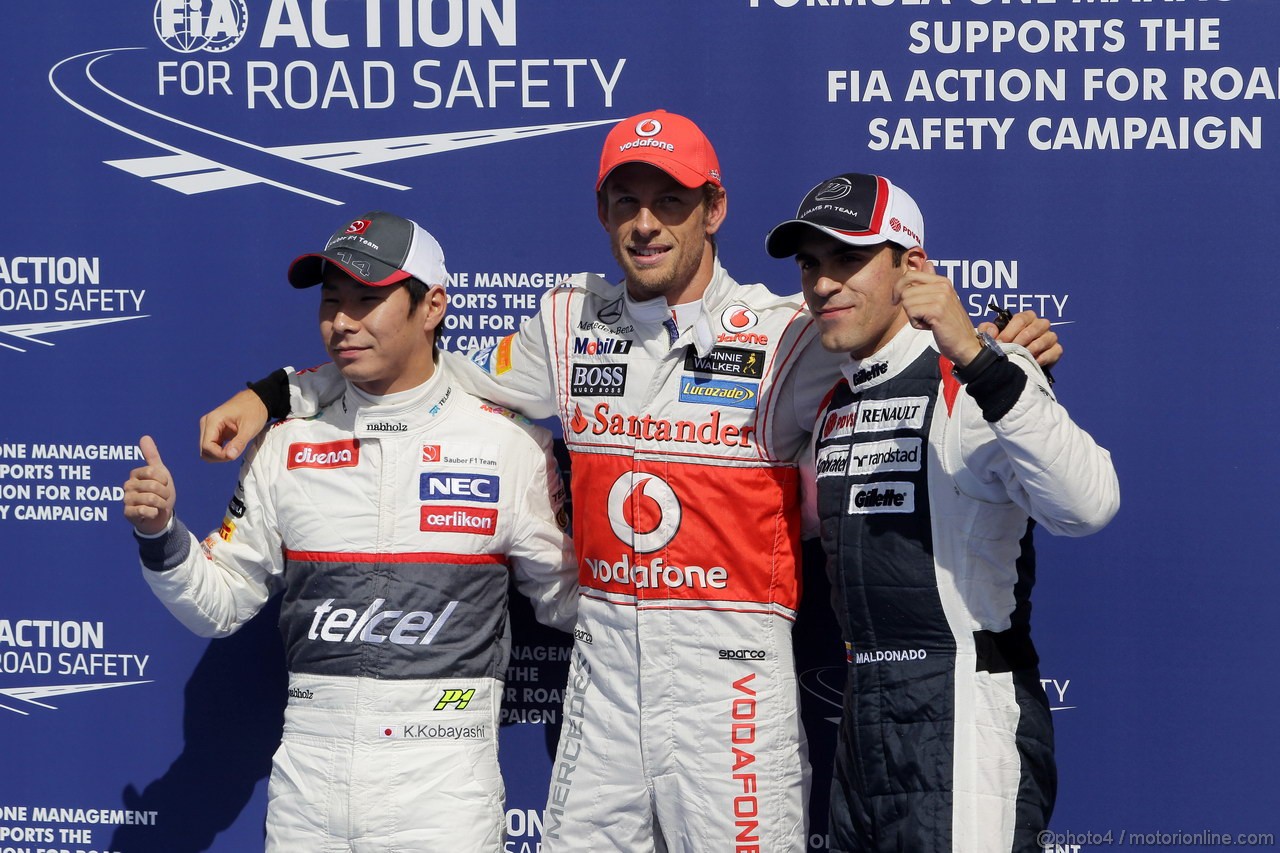 GP BELGIO, 01.09.2012- Qualifiche, Jenson Button (GBR) McLaren Mercedes MP4-27 pole position, secondo Kamui Kobayashi (JAP) Sauber F1 Team C31 e terzo Pastor Maldonado (VEN) Williams F1 Team FW34