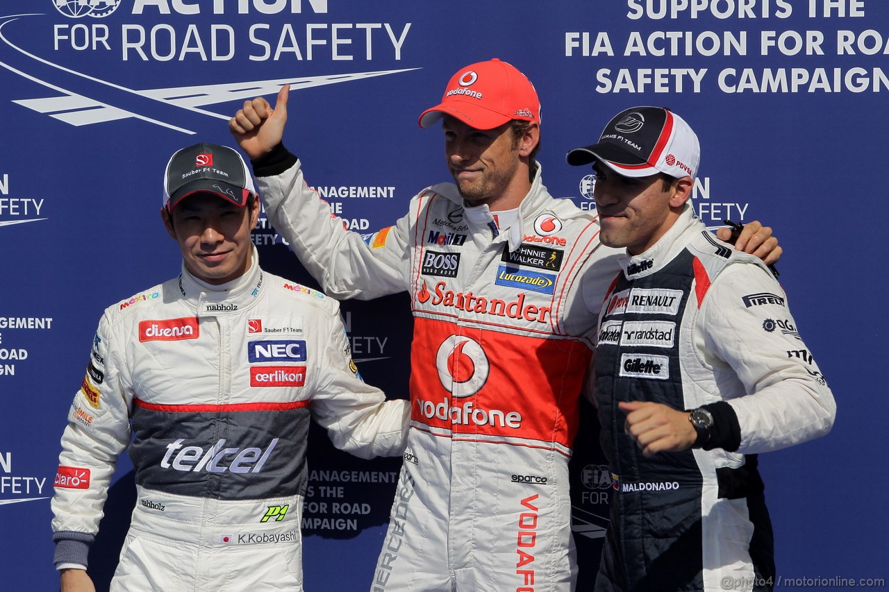 GP BELGIO, 01.09.2012- Qualifiche, Jenson Button (GBR) McLaren Mercedes MP4-27 pole position, secondo Kamui Kobayashi (JAP) Sauber F1 Team C31 e terzo Pastor Maldonado (VEN) Williams F1 Team FW34 