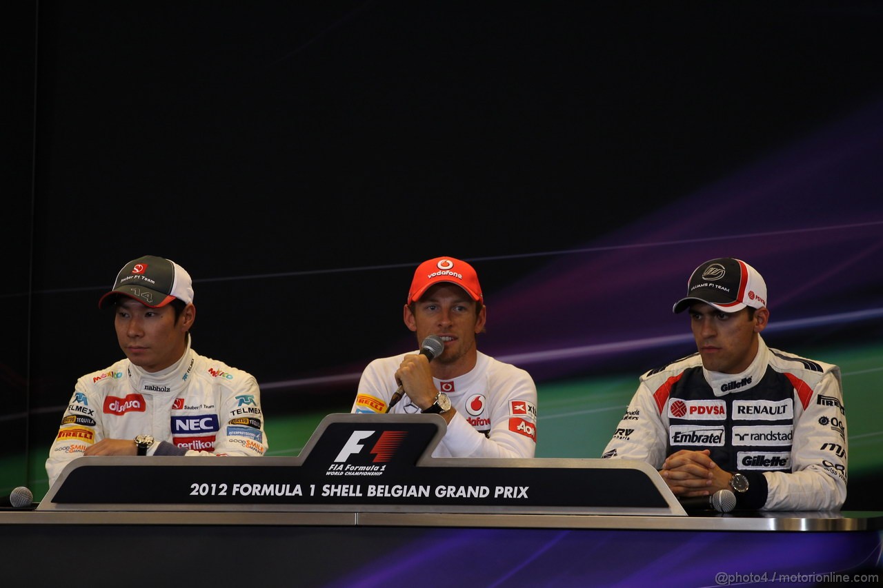 GP BELGIO, 01.09.2012- Qualifiche, Conferenza Stampa, Kamui Kobayashi (JAP) Sauber F1 Team C31, Jenson Button (GBR) McLaren Mercedes MP4-27 e Pastor Maldonado (VEN) Williams F1 Team FW34 