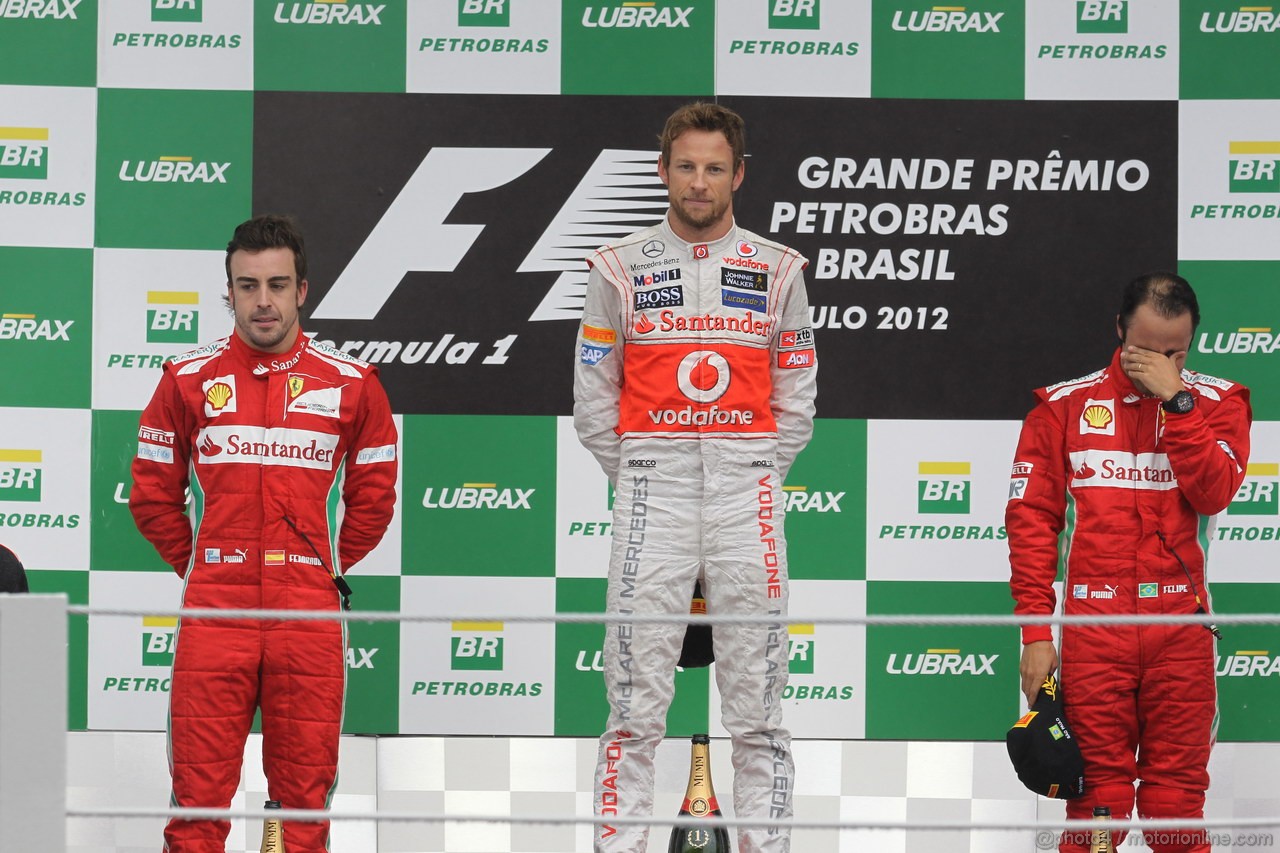GP BRASILE, 25.11.2012- Gara, Jenson Button (GBR) McLaren Mercedes MP4-27 vincitore, secondo Fernando Alonso (ESP) Ferrari F2012 e terzo Felipe Massa (BRA) Ferrari F2012