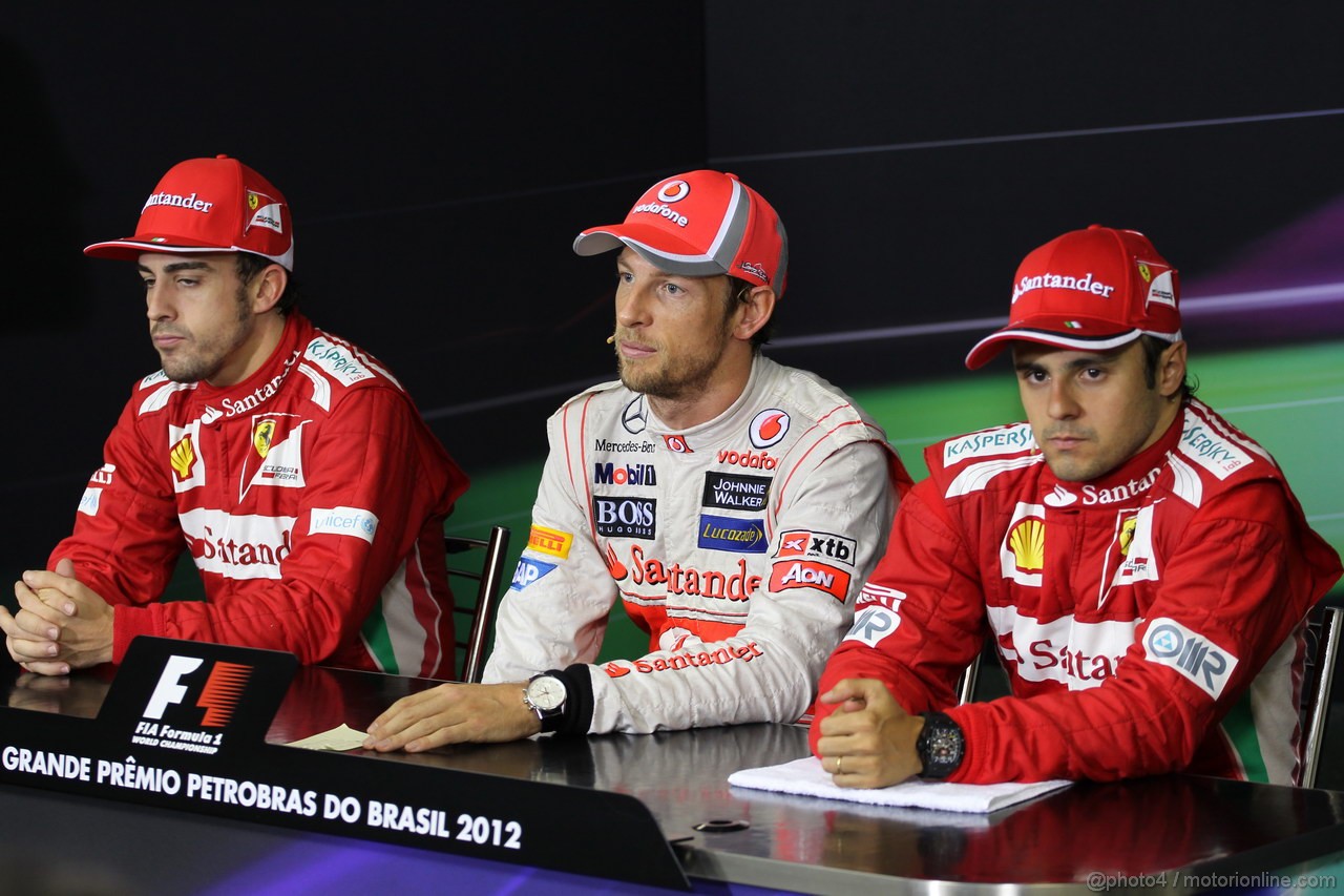 GP BRASILE, 25.11.2012- Gara, Conferenza Stampa, Fernando Alonso (ESP) Ferrari F2012, Jenson Button (GBR) McLaren Mercedes MP4-27 e Felipe Massa (BRA) Ferrari F2012