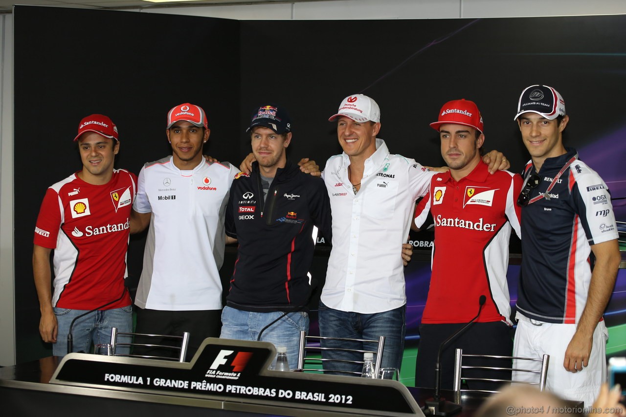 GP BRASILE, 22.11.2012- Conferenza Stampa, Felipe Massa (BRA) Ferrari F2012, Lewis Hamilton (GBR) McLaren Mercedes MP4-27, Sebastian Vettel (GER) Red Bull Racing RB8, Michael Schumacher (GER) Mercedes AMG F1 W03, Fernando Alonso (ESP) Ferrari F2012 e Bruno Senna (BRA) Williams F1 Team FW34