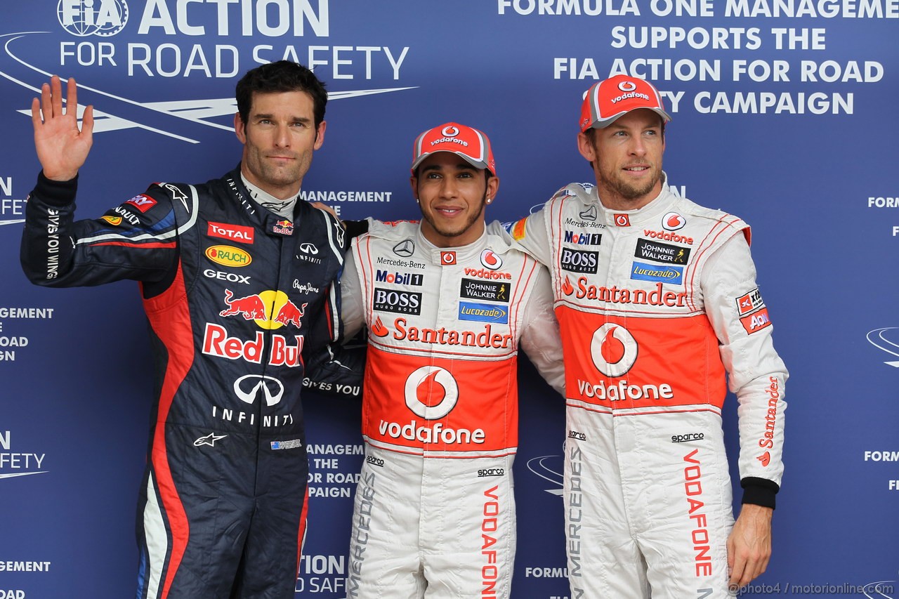 GP BRASILE, 24.11.2012- Qualifiche, terzo Mark Webber (AUS) Red Bull Racing RB8, Lewis Hamilton (GBR) McLaren Mercedes MP4-27 pole position e secondo Jenson Button (GBR) McLaren Mercedes MP4-27