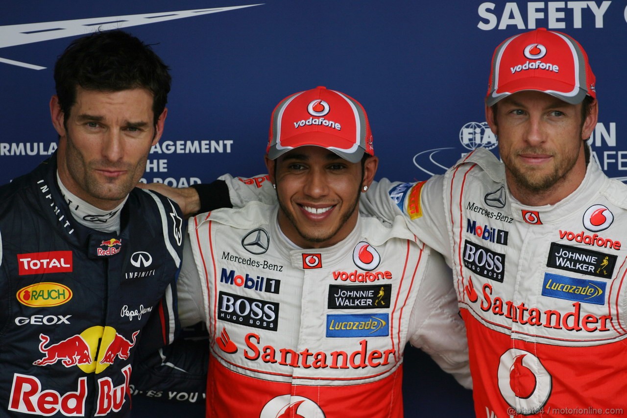 GP BRASILE, 24.11.2012- Qualifiche, terzo Mark Webber (AUS) Red Bull Racing RB8, Lewis Hamilton (GBR) McLaren Mercedes MP4-27 pole position e secondo Jenson Button (GBR) McLaren Mercedes MP4-27 