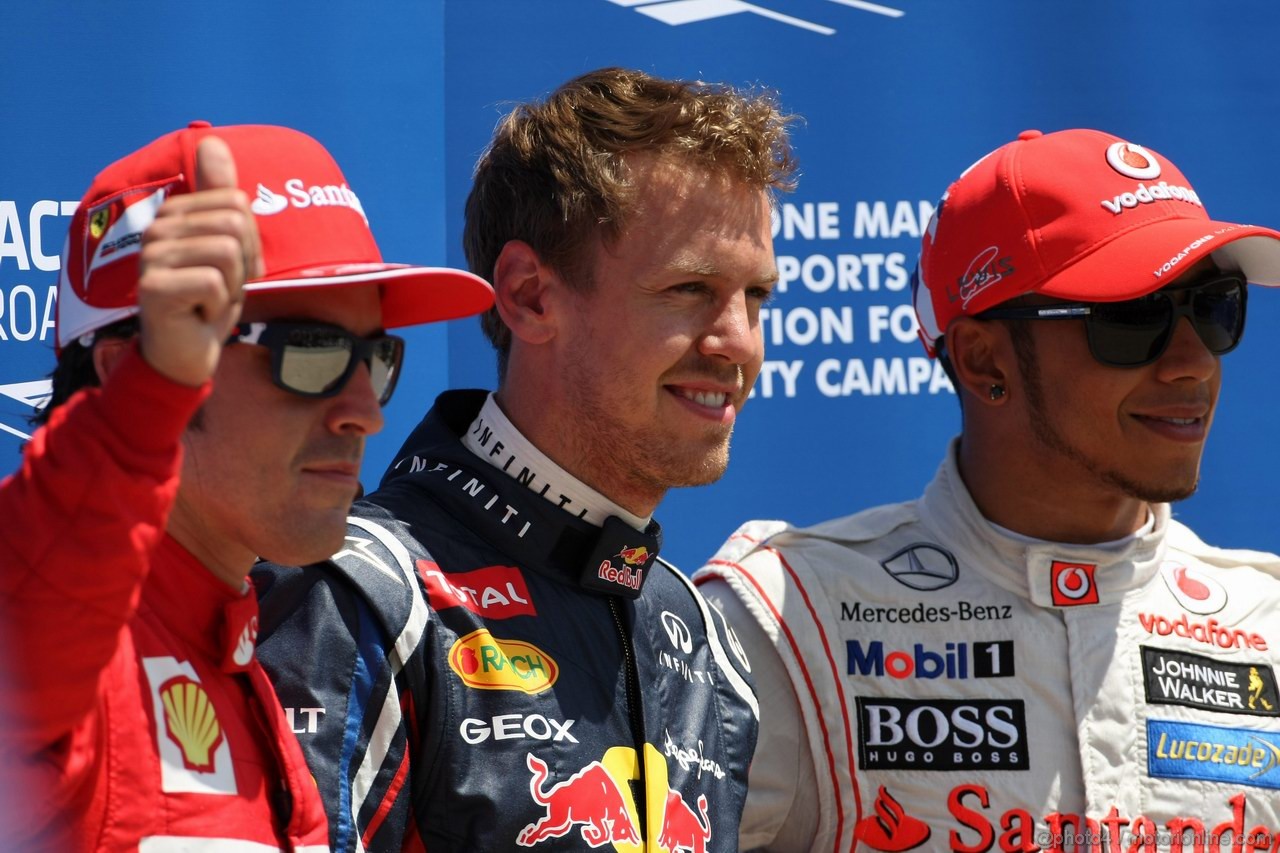 GP CANADA, 09.06.2012- Qualifiche, Sebastian Vettel (GER) Red Bull Racing RB8 pole position, secondo Lewis Hamilton (GBR) McLaren Mercedes MP4-27 e 3à Fernando Alonso (ESP) Ferrari F2012 