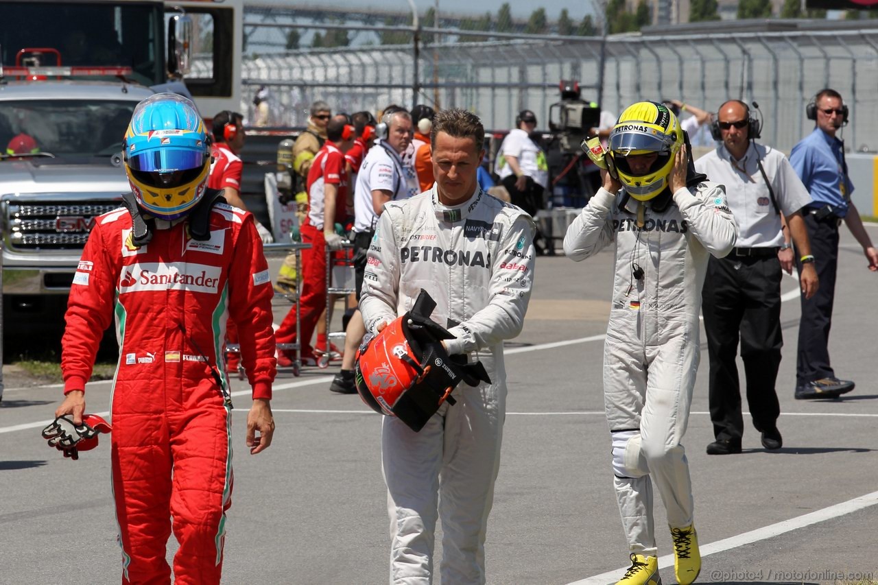 GP CANADA, 09.06.2012- Qualifiche, Fernando Alonso (ESP) Ferrari F2012, Michael Schumacher (GER) Mercedes AMG F1 W03 e Nico Rosberg (GER) Mercedes AMG F1 W03 