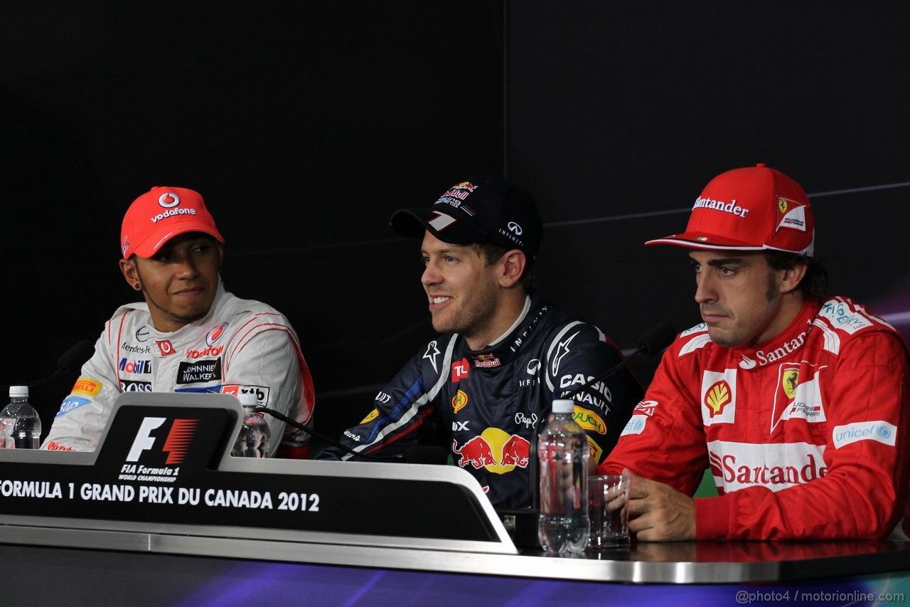 GP CANADA, 09.06.2012- Qualifiche, Conferenza Stampa, Lewis Hamilton (GBR) McLaren Mercedes MP4-27, Sebastian Vettel (GER) Red Bull Racing RB8 e Fernando Alonso (ESP) Ferrari F2012 