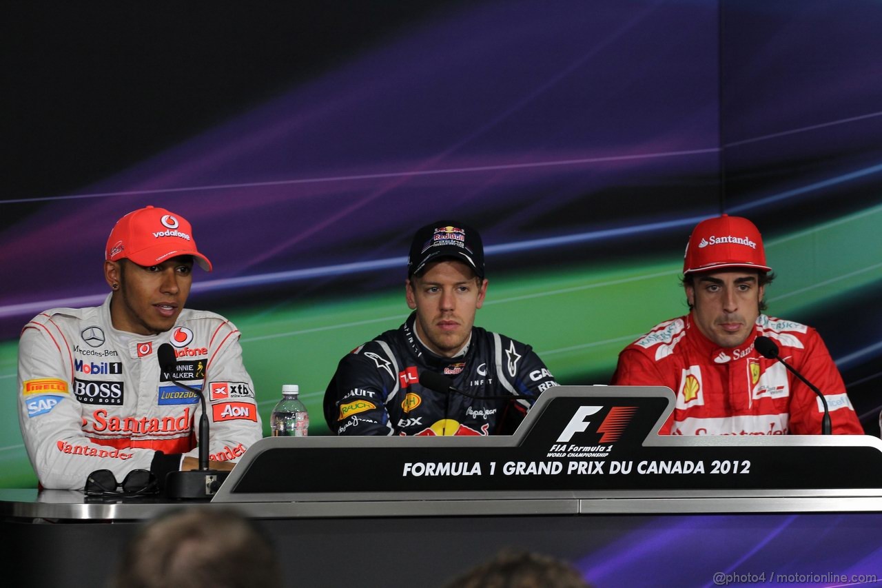 GP CANADA, 09.06.2012- Qualifiche, Conferenza Stampa, Lewis Hamilton (GBR) McLaren Mercedes MP4-27, Sebastian Vettel (GER) Red Bull Racing RB8 e Fernando Alonso (ESP) Ferrari F2012