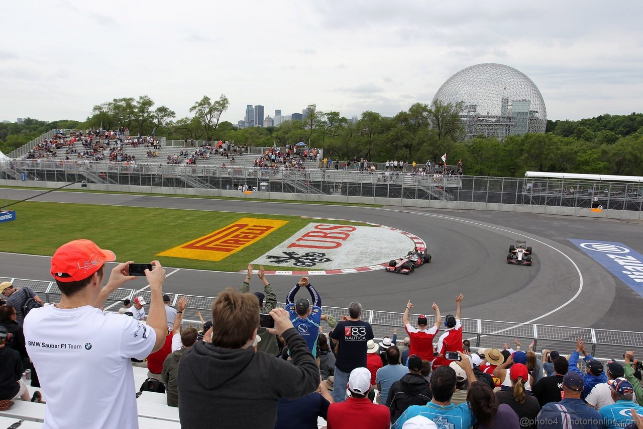 GP CANADA, 08.06.2012- Prove Libere 1,  Lewis Hamilton (GBR) McLaren Mercedes MP4-27 andNarain Karthikeyan (IND) HRT Formula 1 Team F112 