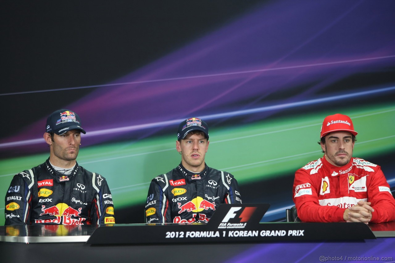 GP COREA, 14.10.2012- Gara, Conferenza Stampa, Mark Webber (AUS) Red Bull Racing RB8, Sebastian Vettel (GER) Red Bull Racing RB8 e Fernando Alonso (ESP) Ferrari F2012 