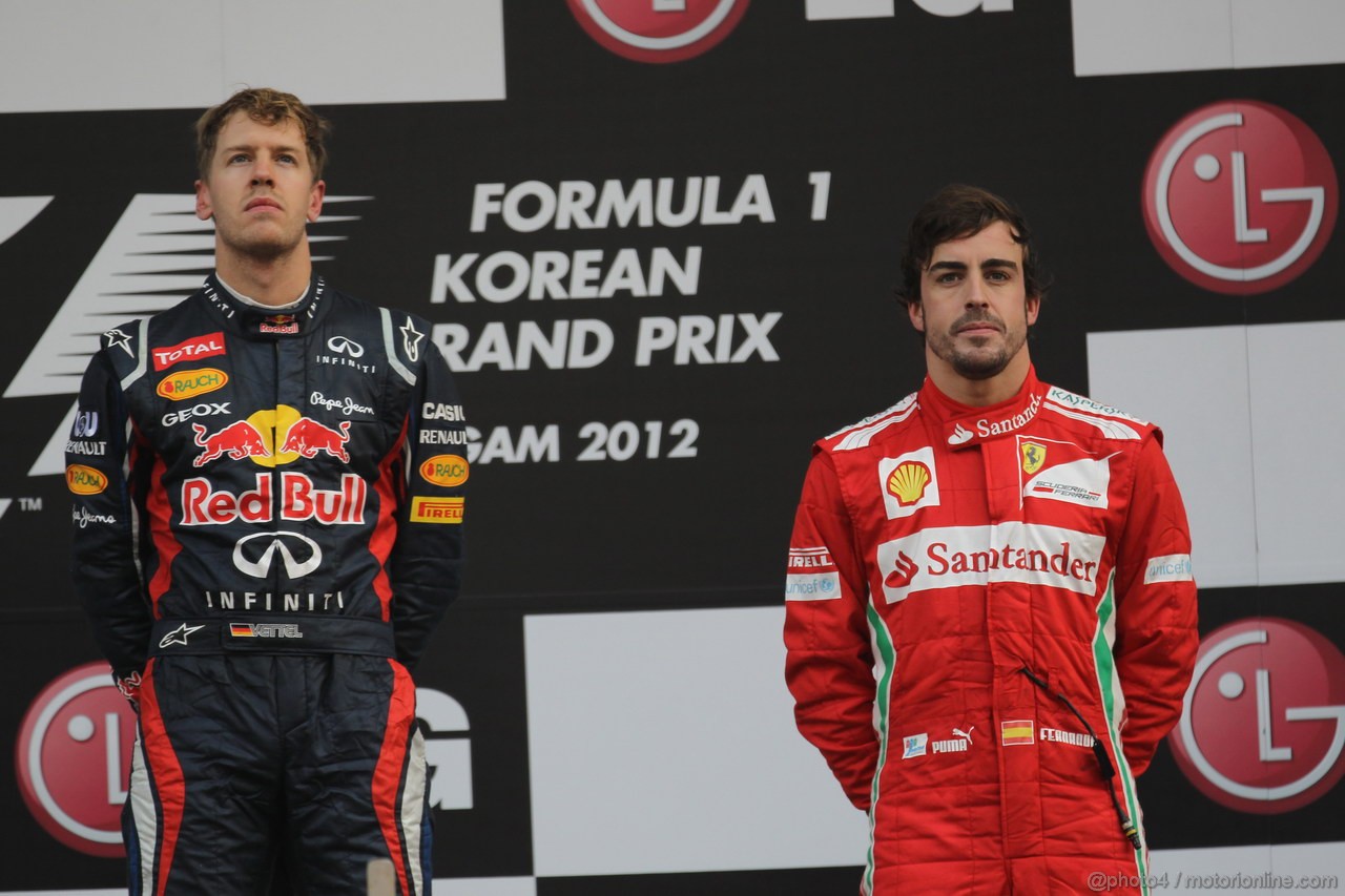 GP COREA, 14.10.2012- Gara, Sebastian Vettel (GER) Red Bull Racing RB8 vincitore e Fernando Alonso (ESP) Ferrari F2012 terzo