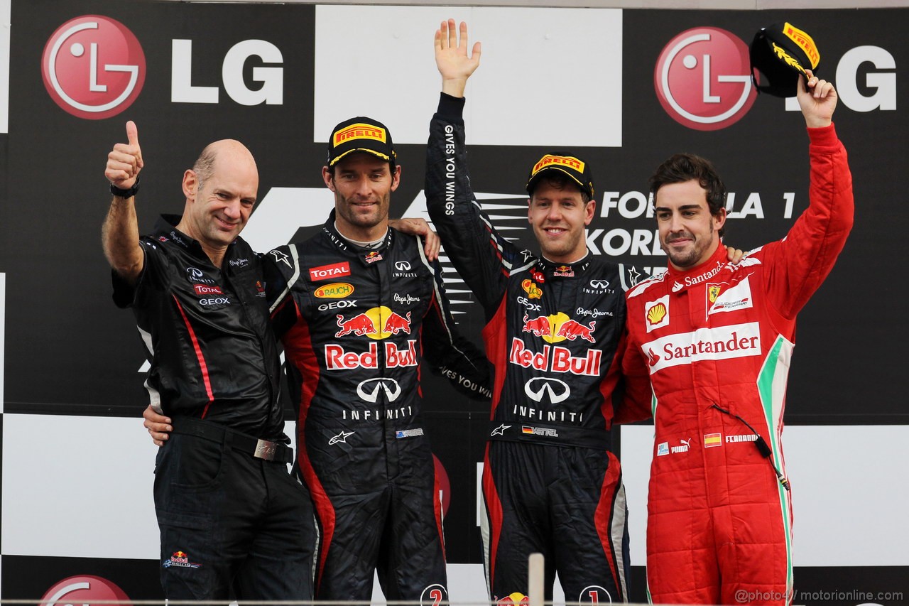 GP COREA, 14.10.2012- Gara, Adrian Newey (GBR), Red Bull Racing , Technical Operations Director, secondo Mark Webber (AUS) Red Bull Racing RB8, Sebastian Vettel (GER) Red Bull Racing RB8 vincitore e terzo Fernando Alonso (ESP) Ferrari F2012 