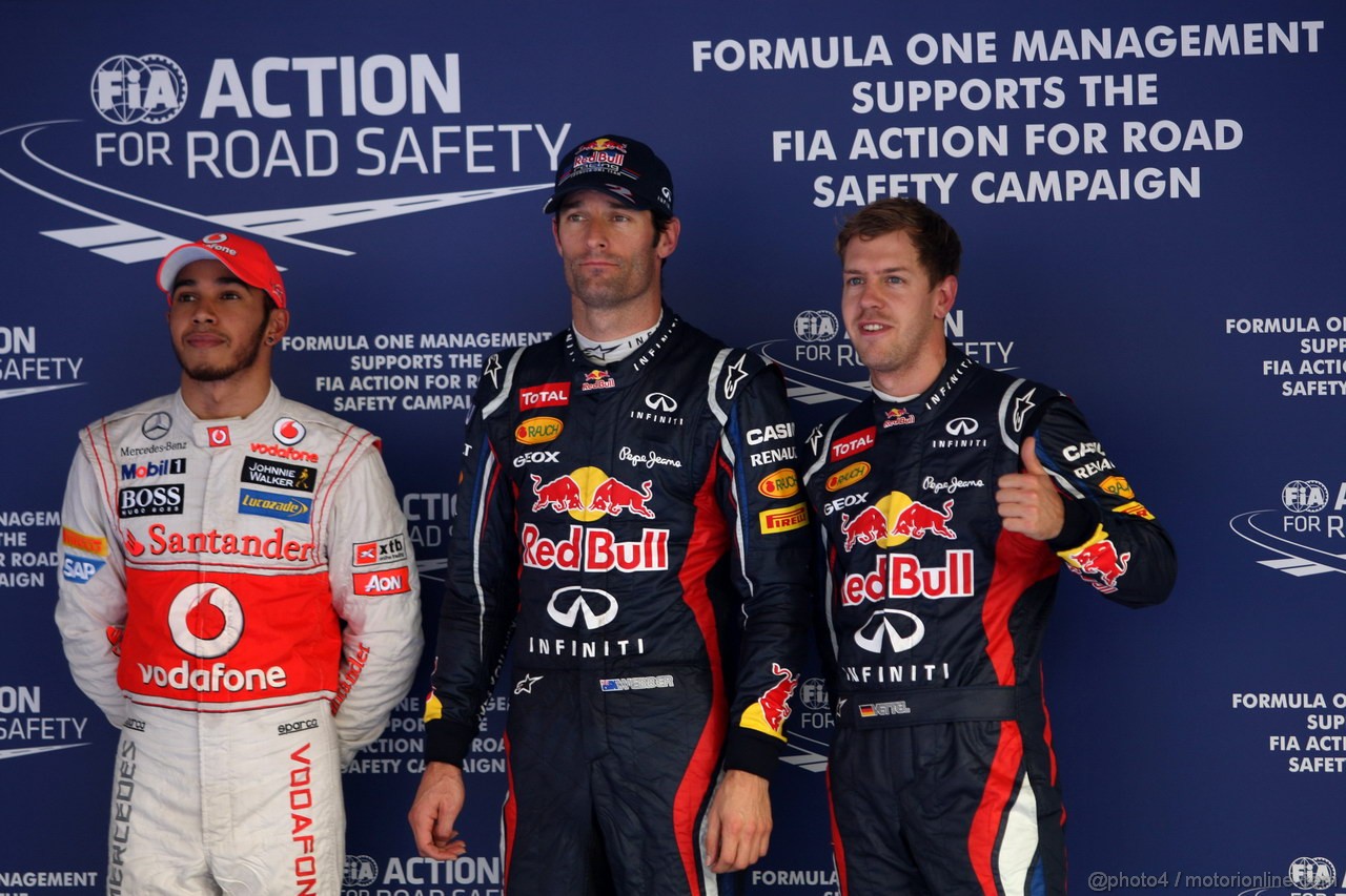 GP COREA, 13.10.2012- Qualifiche, terzo Lewis Hamilton (GBR) McLaren Mercedes MP4-27, Mark Webber (AUS) Red Bull Racing RB8 pole position e secondo Sebastian Vettel (GER) Red Bull Racing RB8 