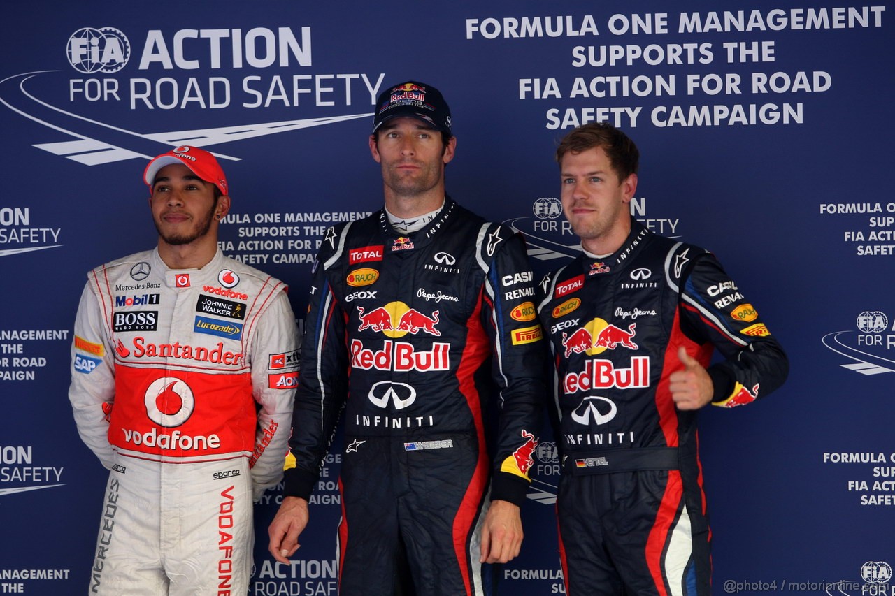 GP COREA, 13.10.2012- Qualifiche, terzo Lewis Hamilton (GBR) McLaren Mercedes MP4-27, Mark Webber (AUS) Red Bull Racing RB8 pole position e secondo Sebastian Vettel (GER) Red Bull Racing RB8