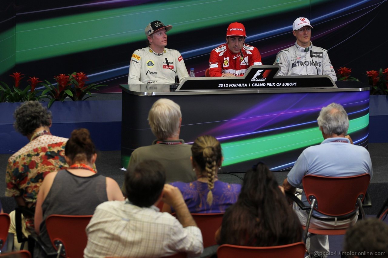 GP EUROPA, 24.06.2012- Gara, Conferenza Stampa, Kimi Raikkonen (FIN) Lotus F1 Team E20, Fernando Alonso (ESP) Ferrari F2012 e Michael Schumacher (GER) Mercedes AMG F1 W03 