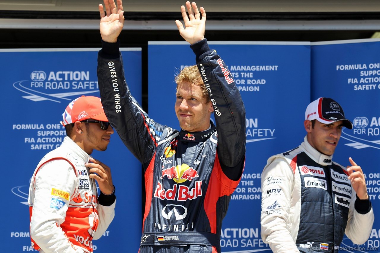 GP EUROPA, 23.06.2012- Qualifiche, Sebastian Vettel (GER) Red Bull Racing RB8 pole position, Lewis Hamilton (GBR) McLaren Mercedes MP4-27 secondo e Pastor Maldonado (VEN) Williams F1 Team FW34 terzo 