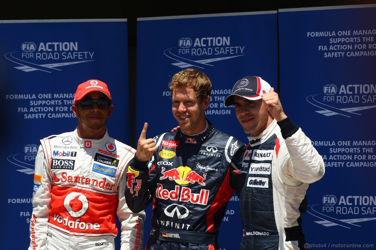 GP EUROPA, 23.06.2012- Qualifiche, secondo Lewis Hamilton (GBR) McLaren Mercedes MP4-27, Sebastian Vettel (GER) Red Bull Racing RB8 pole position e terzo Pastor Maldonado (VEN) Williams F1 Team FW34 