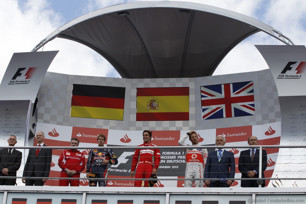 GP GERMANIA, 22.07.2012 - Gara, Podium, winner Fernando Alonso (ESP) Ferrari F2012, 2nd Sebastian Vettel (GER) Red Bull Racing RB8, 3rd Jenson Button (GBR) McLaren Mercedes MP4-27