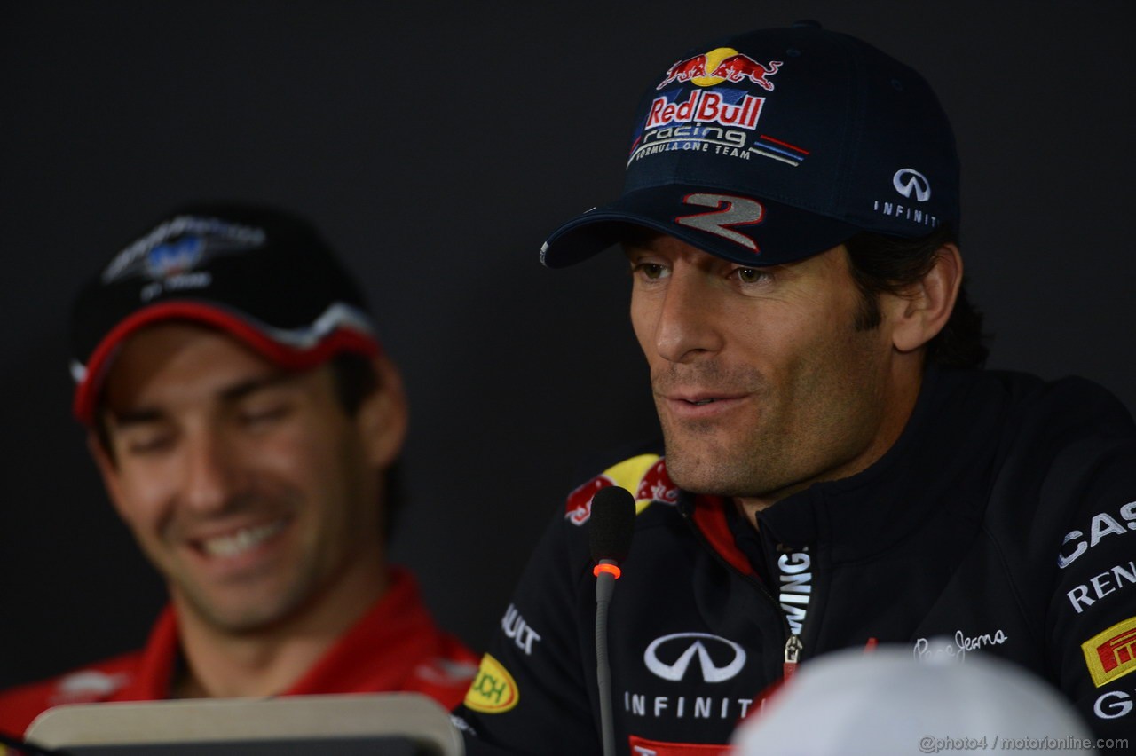 GP GERMANIA, 19.07.2012 - Press Conference, Mark Webber (AUS) Red Bull Racing RB8 with Timo Glock (GER) Marussia F1 Team MR01