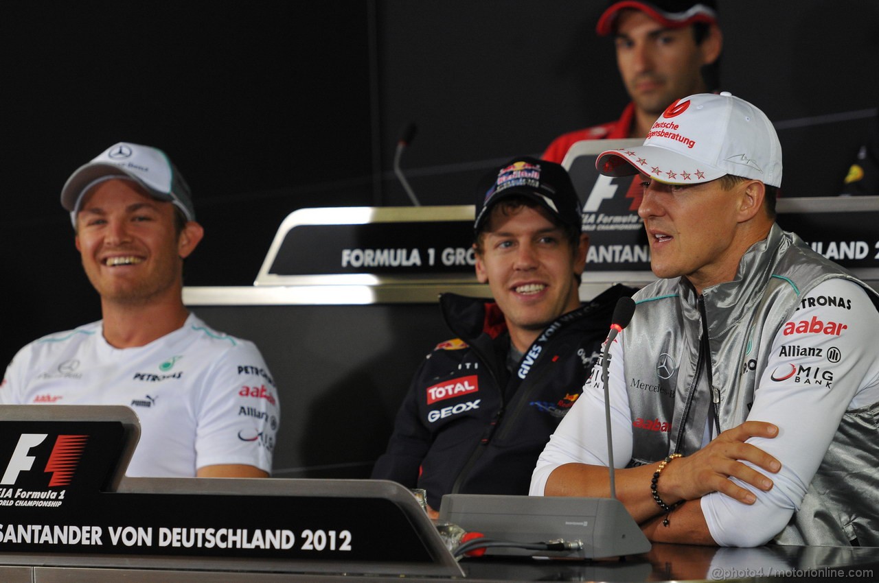 GP GERMANIA, 19.07.2012 - Press Conference, Michael Schumacher (GER) Mercedes AMG F1 W03 with Sebastian Vettel (GER) Red Bull Racing RB8, Nico Rosberg (GER) Mercedes AMG F1 W03 e Timo Glock (GER) Marussia F1 Team MR01