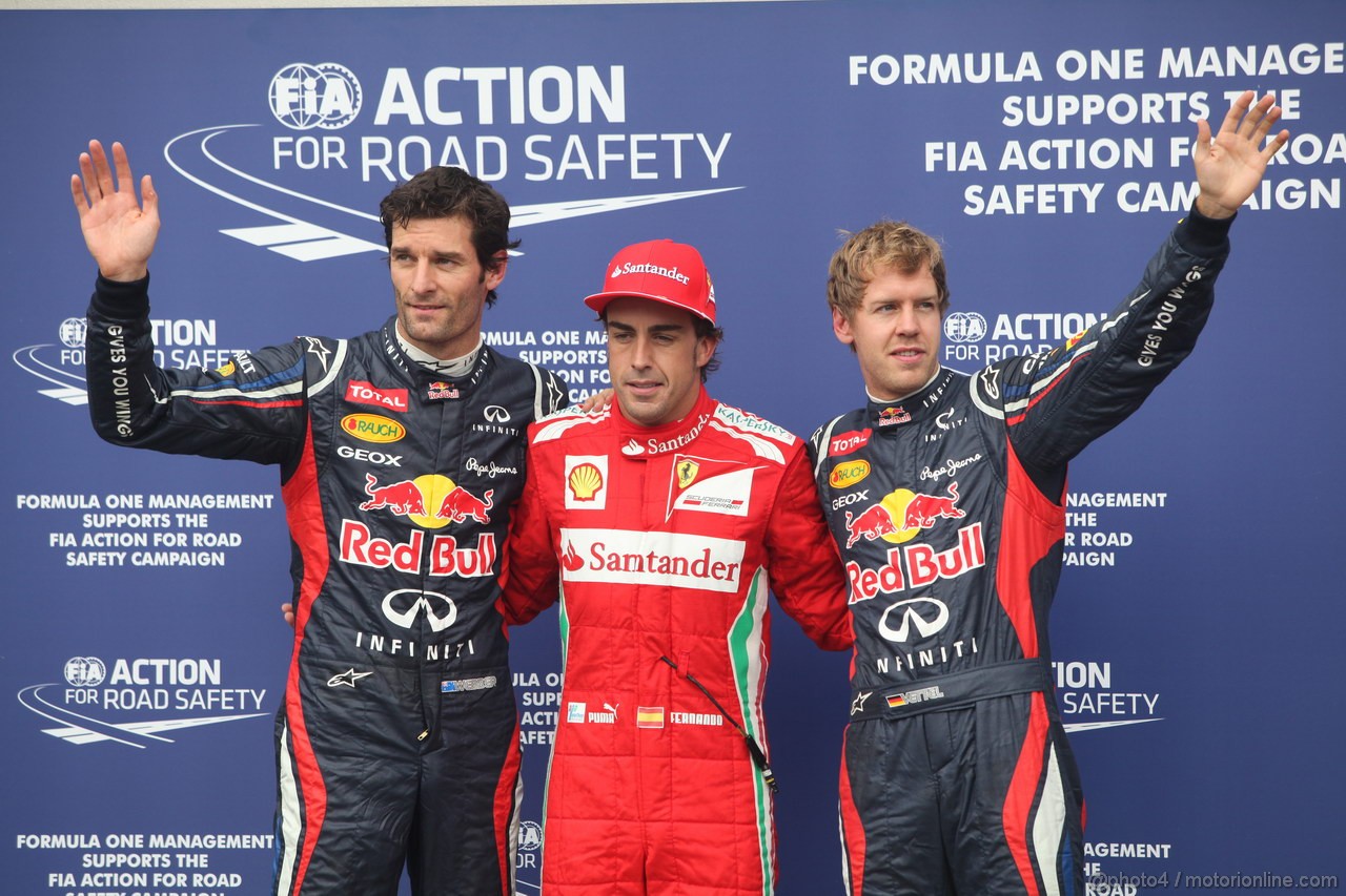 GP GERMANIA, 21.07.2012 - Qualifiche, celebration fot the pole. 1st Fernando Alonso (ESP) Ferrari F2012, 2nd Mark Webber (AUS) Red Bull Racing RB8, 3rd Sebastian Vettel (GER) Red Bull Racing RB8
