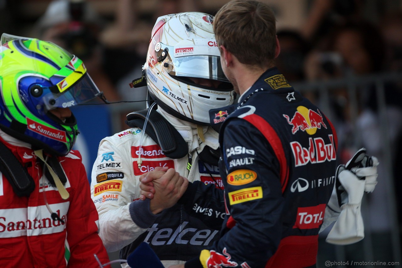 GP GIAPPONE, 07.10.2012- Gara, secondo Felipe Massa (BRA) Ferrari F2012, terzo Kamui Kobayashi (JAP) Sauber F1 Team C31 e Sebastian Vettel (GER) Red Bull Racing RB8 vincitore