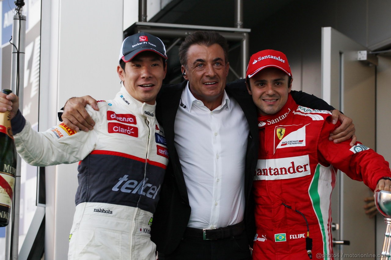 GP GIAPPONE, 07.10.2012- Gara, terzo Kamui Kobayashi (JAP) Sauber F1 Team C31, Jean Alesi (FRA) e secondo Felipe Massa (BRA) Ferrari F2012