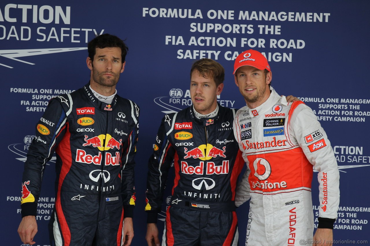 GP GIAPPONE, 06.10.2012- Qualifiche, secondo Mark Webber (AUS) Red Bull Racing RB8, Sebastian Vettel (GER) Red Bull Racing RB8 pole position e terzo Jenson Button (GBR) McLaren Mercedes MP4-27